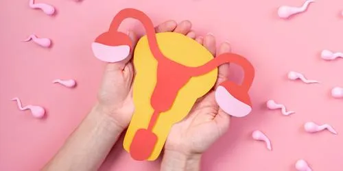 mãos com um sistema reprodutor feminino na mão